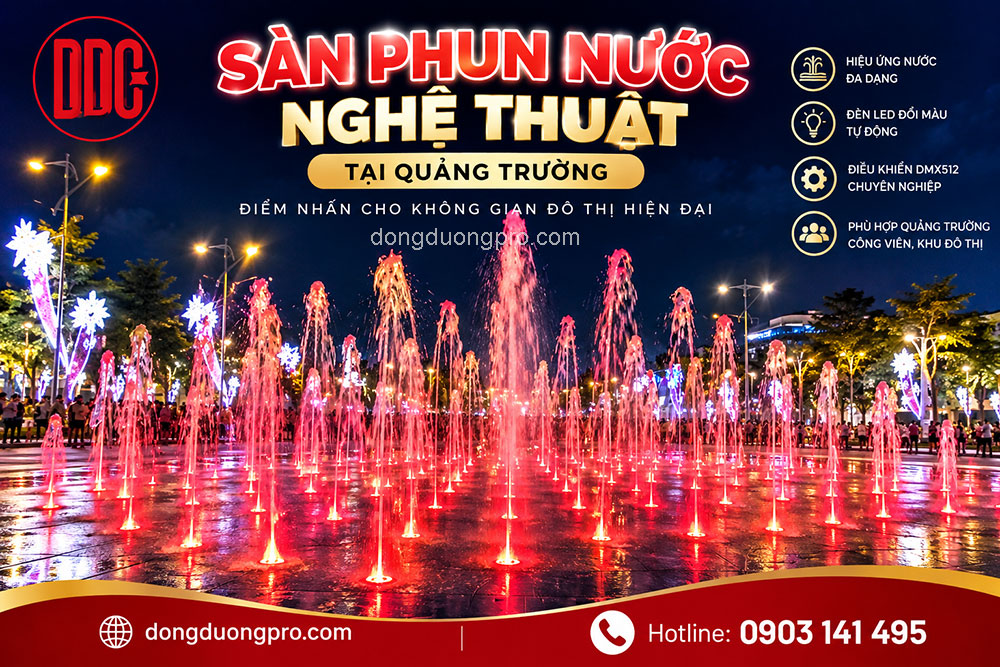 Sàn phun nước nghệ thuật tại quảng trường ban đêm.