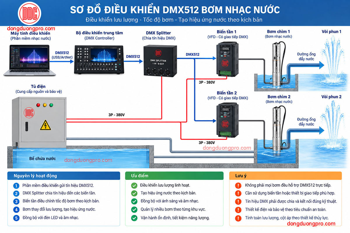 Điều khiển bơm nhạc nước bằng biến tần và DMX512