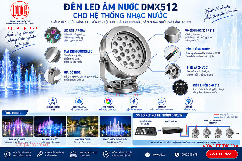 Đèn LED DMX512 chiếu sáng hệ thống nhạc nước
