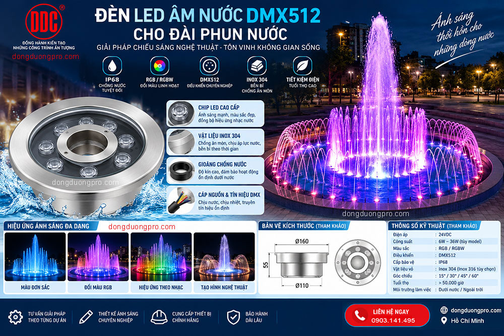 Đèn LED RGBW DMX512 cho đài phun nước