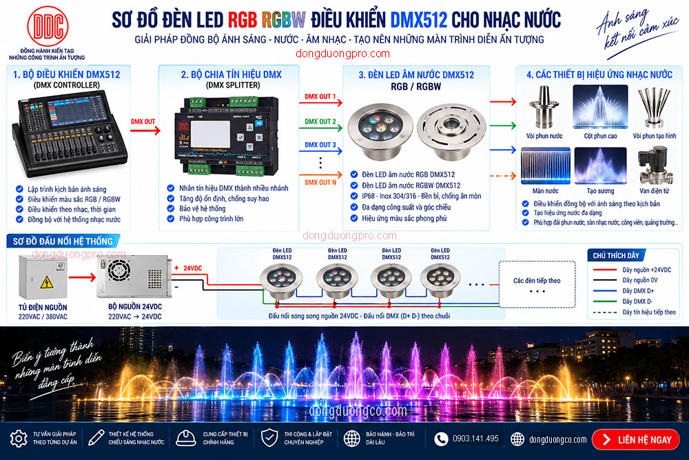 Đèn LED RGB RGBW điều khiển DMX512 cho nhạc nước