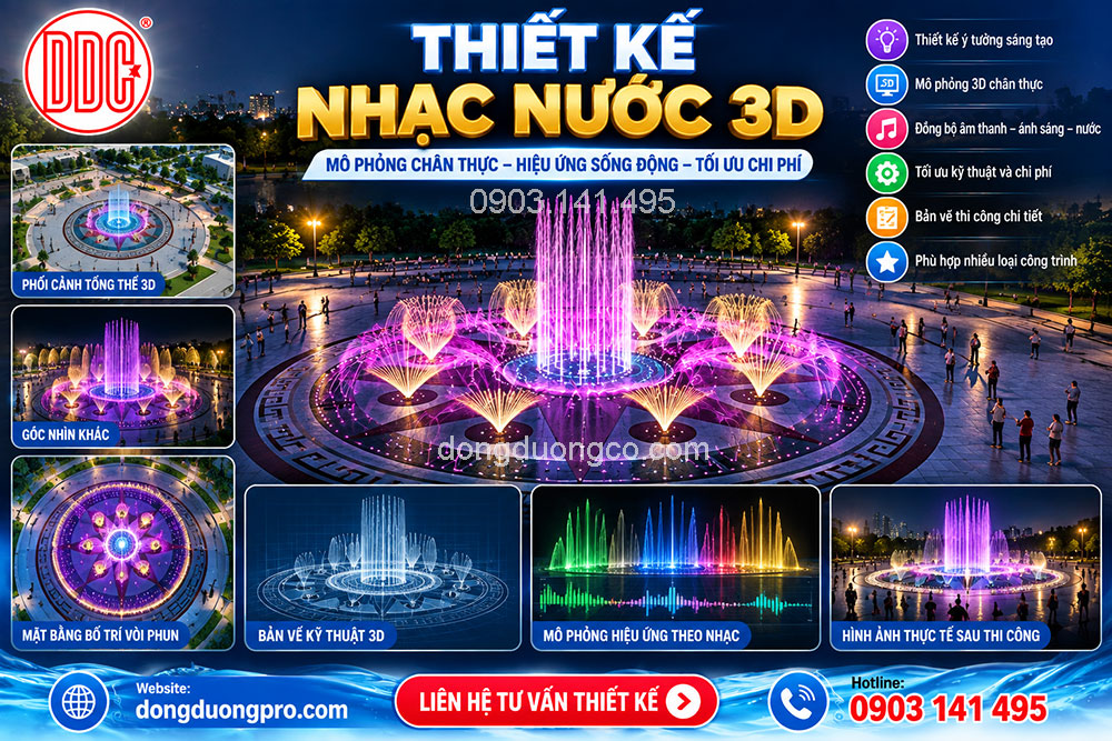 Thiết kế nhạc nước 3D với vòi phun và hệ thống ánh sáng