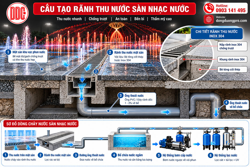 Cấu tạo rãnh thu nước sàn nhạc nước