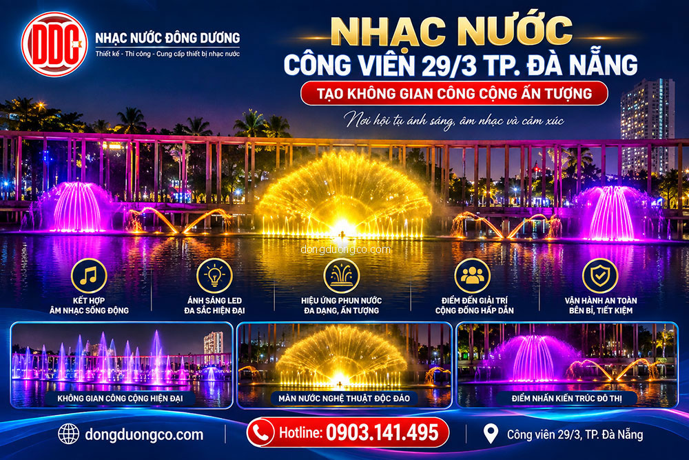 Nhạc nước công viên 29/3 Đà Nẵng lung linh về đêm với hệ thống đèn LED âm nước DMX512.