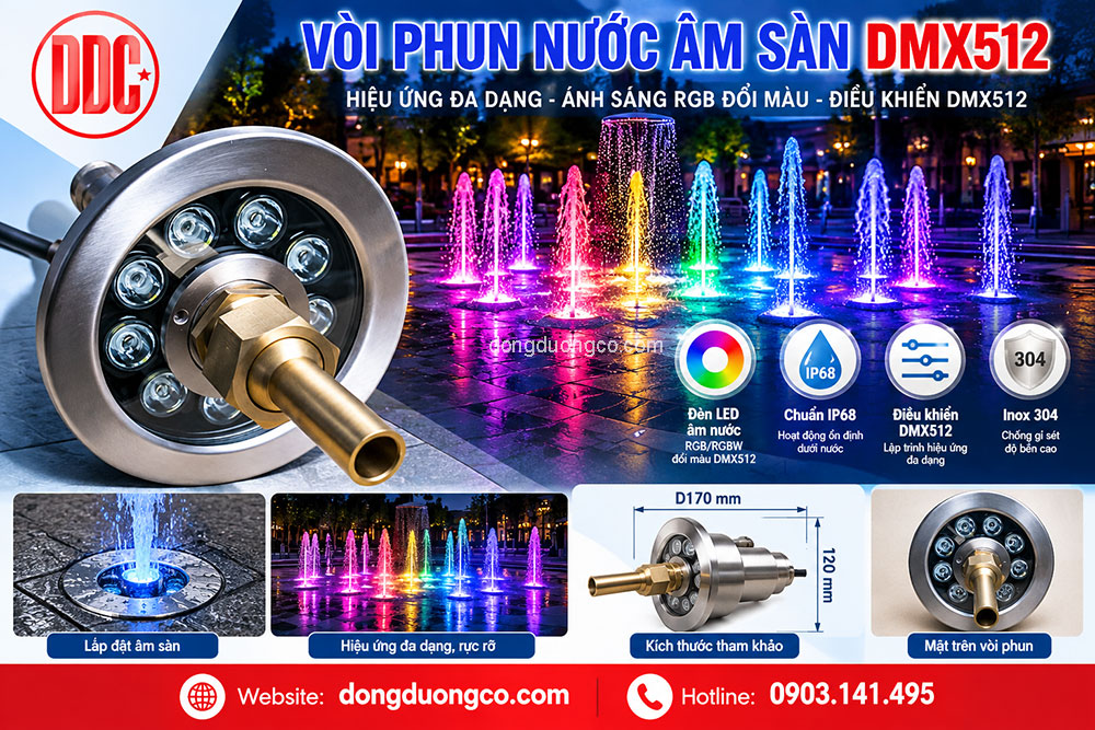 Vòi phun nước âm sàn DMX512 lập trình hiệu ứng nhạc nước.