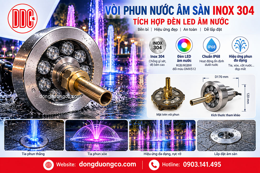 Vòi phun nước âm sàn Inox 304 tích hợp đèn LED âm nước
